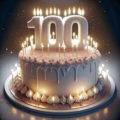 A large cake with the number 100 and numerous lit candles and dripping icing