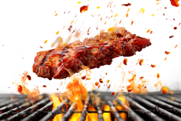 Pork steak with spices isolated on a white or transparent background. Grilled pork chop, beef steak falls on the grill with flames, fried pieces of meat flying in the air.