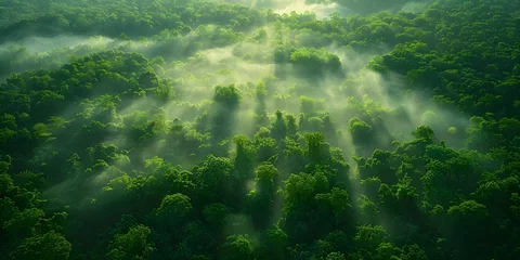 Schilderijen op glas Preserving Biodiversity: Aerial View of Lush Green Forest in the Morning. Concept Nature Conservation, Aerial Photography, Biodiversity Preservation, Greenery, Morning Light © Ян Заболотний