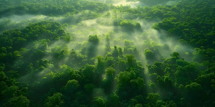 Preserving Biodiversity: Aerial View of Lush Green Forest in the Morning. Concept Nature Conservation, Aerial Photography, Biodiversity Preservation, Greenery, Morning Light