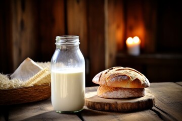 Fresh milk and bread on rustic wooden background with selective focus