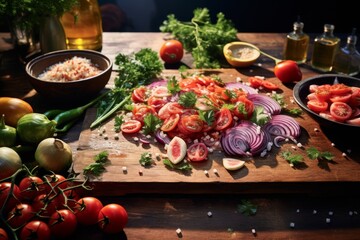Fresh vegetable salad with tomato, onion, parsley, lemon, and olive oil on wooden board