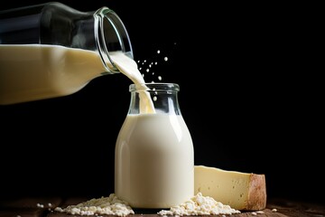Pouring fresh, creamy milk into glass jug on rustic wooden table, with elegant black background