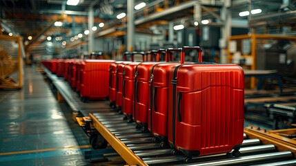 Production of red luggage at the factory, modern technology concept - obrazy, fototapety, plakaty