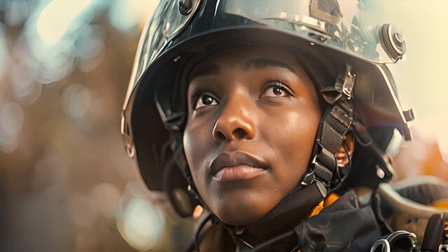a black female firefighter wearing a helmet