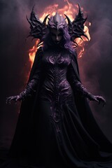 the devil girl with long hair and black wings and black dress with horror expressions and bleeding purple eyes