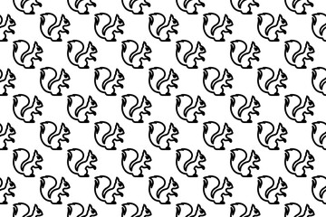 Seamless pattern completely filled with outlines of squirrel symbols. Elements are evenly spaced. Illustration on transparent background