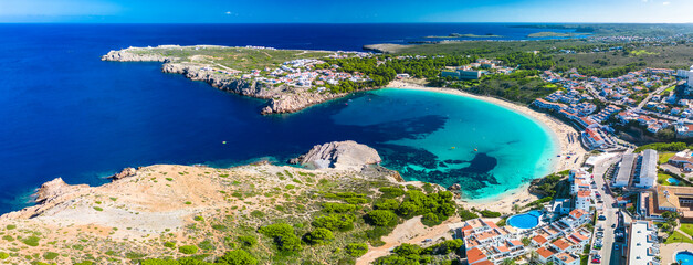 Obraz premium Areal drone view of the Arenal d'en Castell beach on Menorca island, Spain