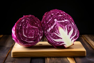 Fresh purple cabbage cut in half on cutting board, dark background, organic food concept
