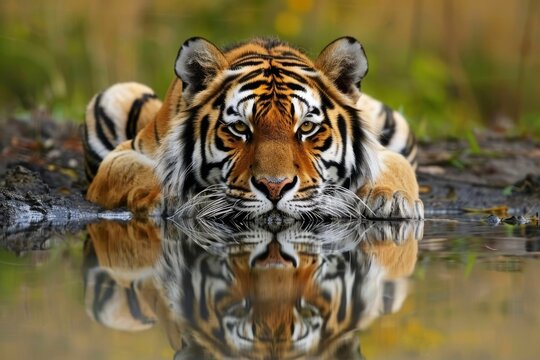 A magnificent tiger peacefully lounges on top of a serene body of water