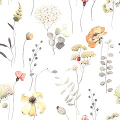 Floral seamless pattern with delicate abstract flowers and plants yellow, red and orange colors. Watercolor isolated illustration with small ladybug for textile, wallpapers or floral background.