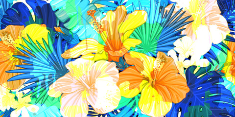 Bright colorful pattern with exotic tropic leaves and hibiscus flowers. Paint splatters. Art wallpaper.