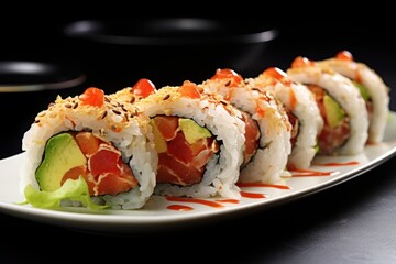 Japanese salmon avocado cucumber sushi roll with fresh ingredients on elegant black background