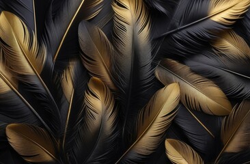 Background of golden and black feathers.