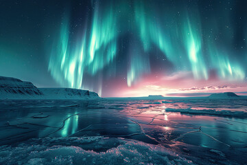 A vast icy plain in Iceland, under the spellbinding dance of the Aurora Borealis