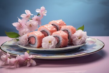 Exquisite sushi rolls with beautiful cherry blossom decoration on stylish blue plate