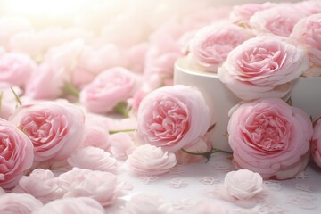 Pink roses and cup of tea on white background, soft focus for romantic cards and invitations