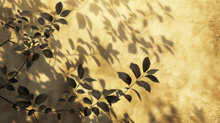 Silhouettes of plant leaves cast shadows on a textured beige concrete wall background. Copy space....