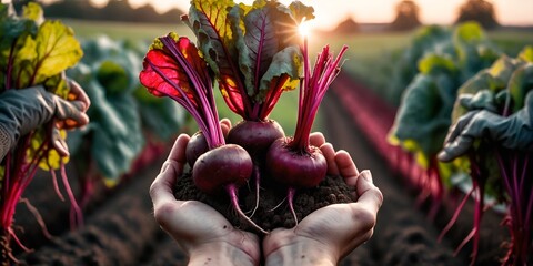 Harvest. Farmer hands with fresh beetroot vegetables against backdrop of field. Healthy organic food, vegetables, agriculture. AI generated illustration.