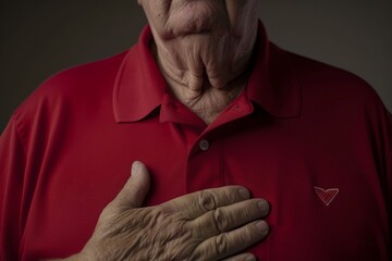 A middle-aged man in a red shirt clutches his chest in a gesture indicating pain, chest discomfort, and a heart attack. Cardiac emergency. Symptoms of a heart attack. Cardiovascular disease. Banner