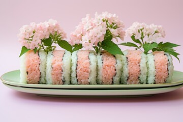 Fresh sushi roll on plate with pink flowers, elegant presentation on pink background