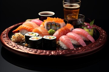 Assorted sushi set on black background - various types of fresh japanese sushi rolls