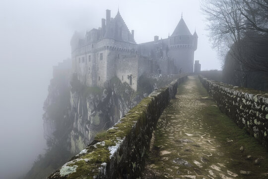 A castle is shown in the fog with a stone wall and a stone bridge leading to it
