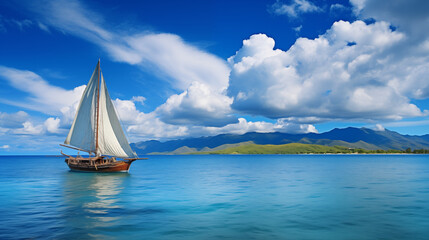 sailboat on the sea, Against the vastness of theocean, asmall boat sails. The water is a mesmerizingturquoise, mirroring theblue sky above. Atropical island beckons, its lush greenery promising tranqu - obrazy, fototapety, plakaty