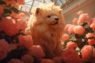 Adorable pomeranian spitz dog playing in beautiful garden surrounded by blooming pink roses