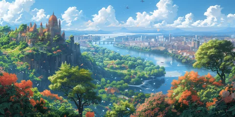 Poster Japanese or fantasy eastern landscape. Anime Spring summer autumn art. Beautiful view big city panorama background. Digital painting. Poster, invitation, flyer, banner, header. Generative Ai content © Evgeniy