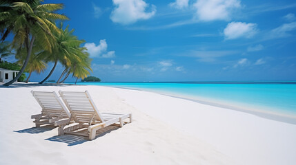 lounge chairs on the beach, Asecluded beach cradles thewhite sand, its edges caressed by theturquoise sea. Above, theblue sky hosts a ballet ofclouds, framing theMaldivian island like a postcard. 