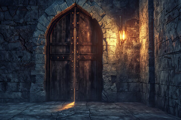A dark room with a wooden door and a stone wall - obrazy, fototapety, plakaty