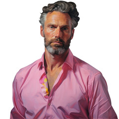 The man with a full beard and moustache is rocking a pink dress shirt with a popped collar at the music artists event. He looks pleased while wearing sunglasses on his jawline on transparent