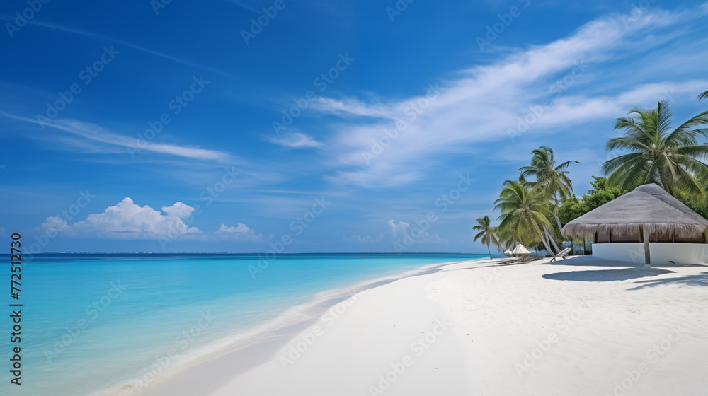 Wall mural beach with trees, On thisidyllic beach, the sand is a canvas ofwhite, kissed by theturquoise waves. Thesky stretches infinitely, adorned withfluffy clouds. TheMaldives island completes the panorama