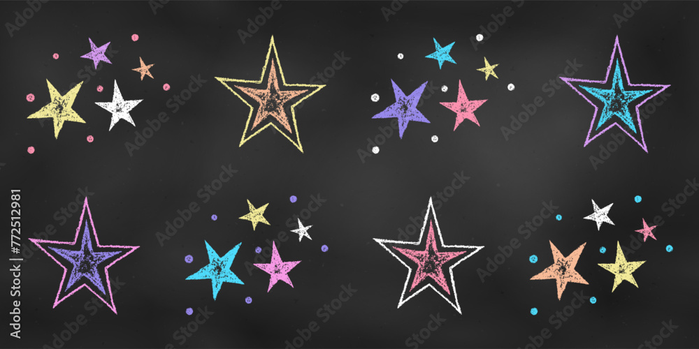 Wall mural chalk drawn sketch. set of design elements colorful combinations of stars isolated on chalkboard bac
