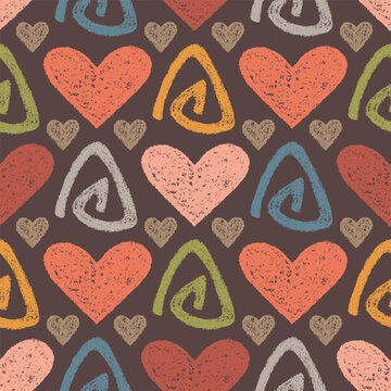 Bright Seamless Grunge Pattern of Hand-Drawn Hearts and Triangular Scribbles on Dark Background. Style of Children's Drawing.