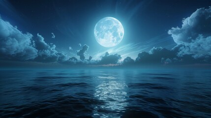 Full moon rising over serene sea, scenic night sky with big blue moon and clouds