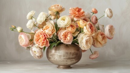 peach and cream-colored roses, ranunculus, and snapdragons artfully arranged in a sleek silver cylindrical vase, set against a sophisticated light grey concrete background.