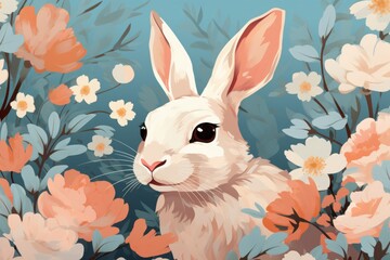 Rabbit with flowers, seamless background, vector illustration for nature and wildlife lovers