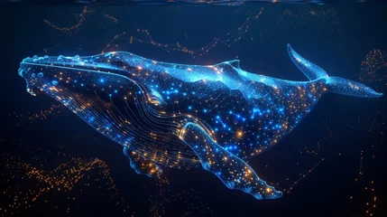 Fotobehang The blue whale is composed of polygons. It is a concept illustration of a sea creature. The whale consists of lines, dots, and shapes. The whale consists of light connections that are wireframed. © DZMITRY