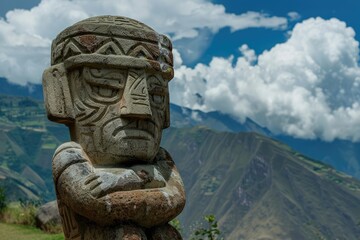  Statue With Majestic Mountain Landscape and Clouds in Background. An Artistic Sculpture Depicting Religion and Architecture in Nature's Lap