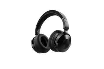 Black wireless headphones with a mic isolated on transparent background