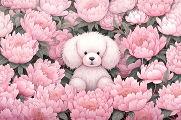 Pink peony flowers with white plush dog watercolor illustration for home decor and stationery