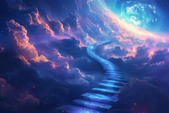 Stairway to the sky. astral travel, fantasy epic digital art and the journey to heaven