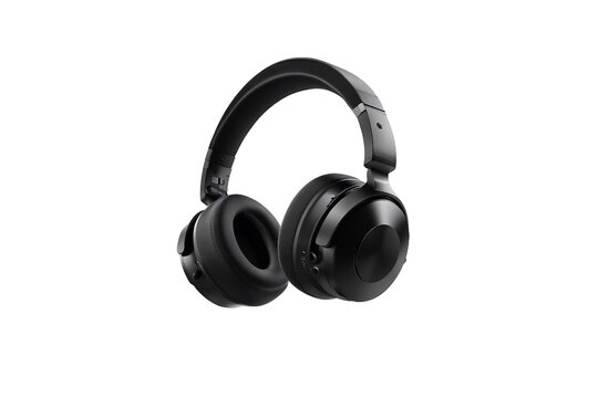 Black wireless headphones with a mic isolated on transparent background