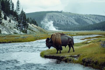 Yellowstone National Park - Discovering America's Natural Beauty With Rivers and Buffaloes - obrazy, fototapety, plakaty