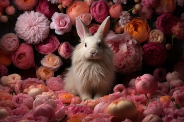 Easter bunny with flowers. cute white rabbit sitting on a background of colorful blooms
