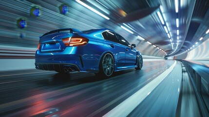 Blue business car rushing through high-speed turn on highway, concept of speed and transportation