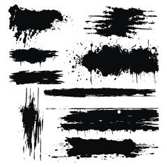 Black grunge textured hand drawn ink brush strokes vector set on white background. Decorative isolated brushstrokes collection for design. Elements. Grungy rough texture