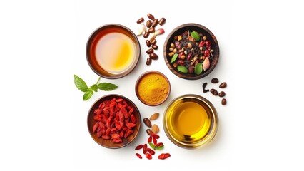 Obraz na płótnie Canvas spices and herbs on wooden table 